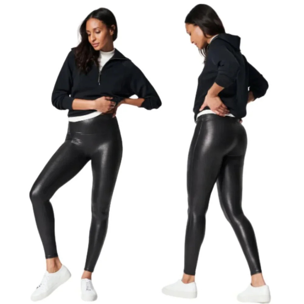 Spanx Faux Leather Leggings Black 2437 Stretch Pull On Shaping Women's Small S